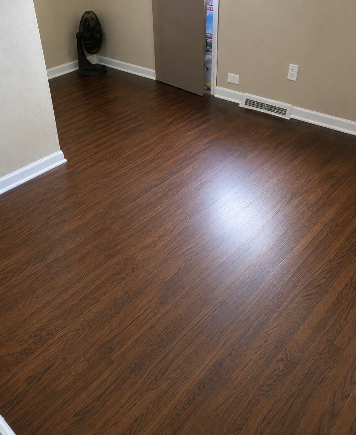 After room reset: clean, clear wood floor and open room