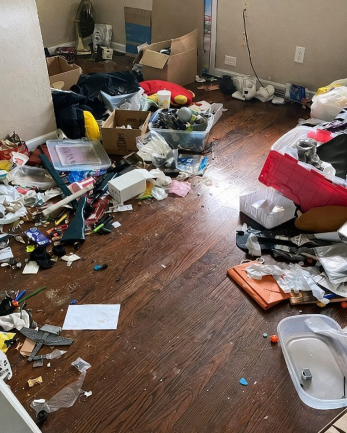 Before room reset: heavily cluttered room requiring cleanout